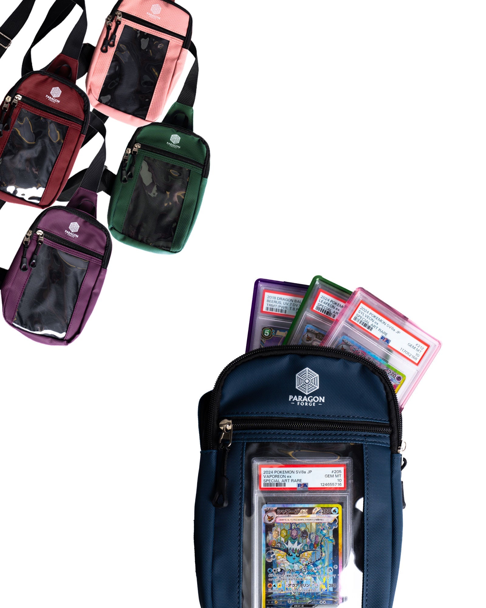 Collection of colorful TCG slab bags with card protectors on a white background