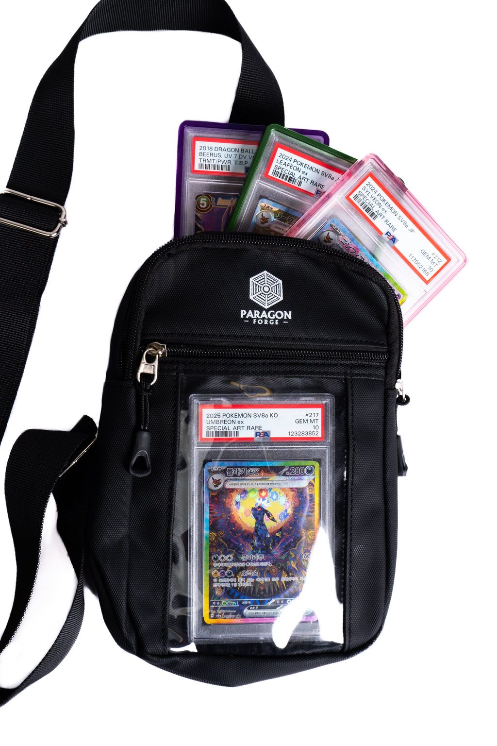 Black TCG bag with collectible cards on a white background