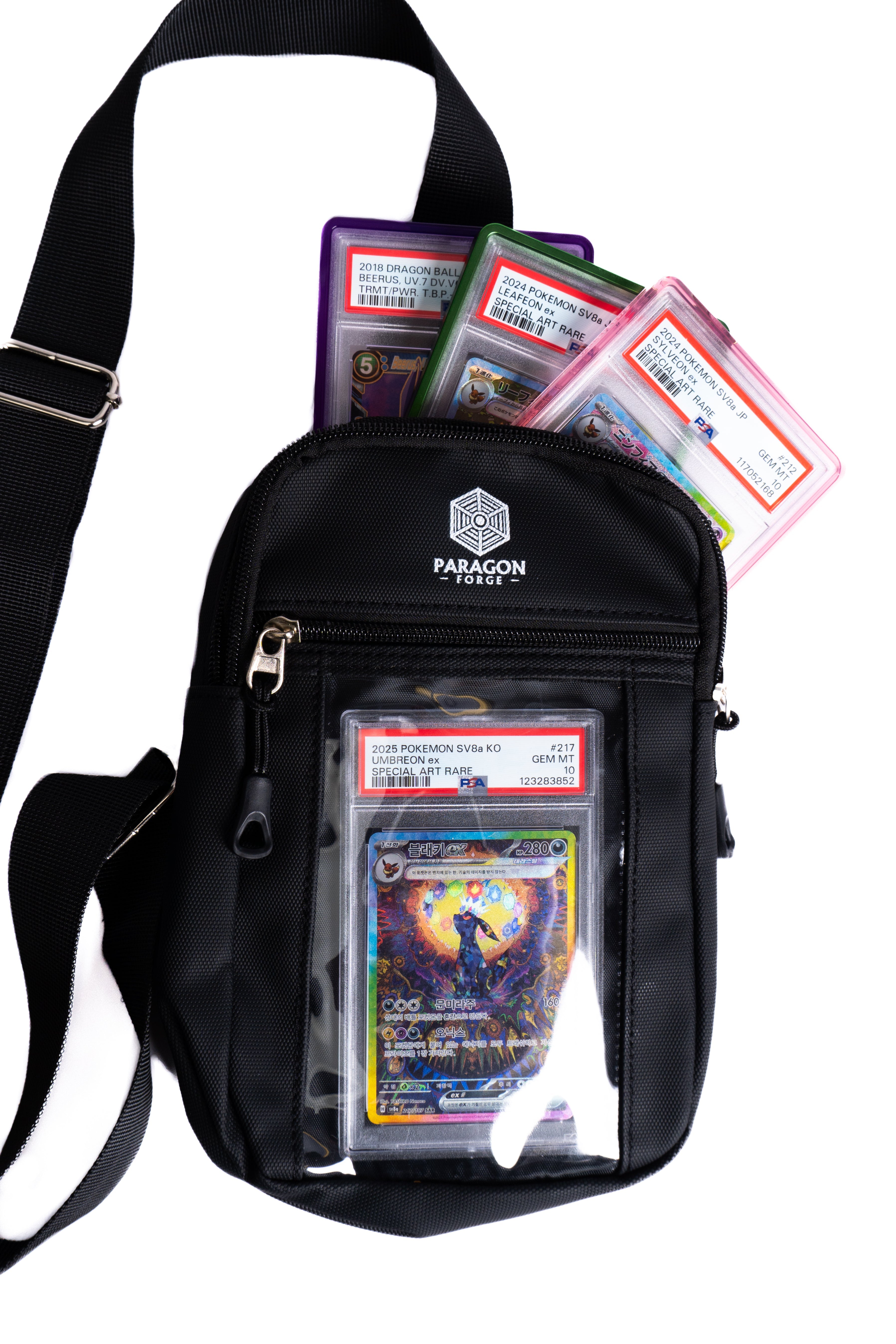 Black TCG bag with collectible cards on a white background
